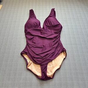 J.Crew Re-Imagined Ruched One-Piece Swimsuit 14 Purple V-Neck Tummy Control
